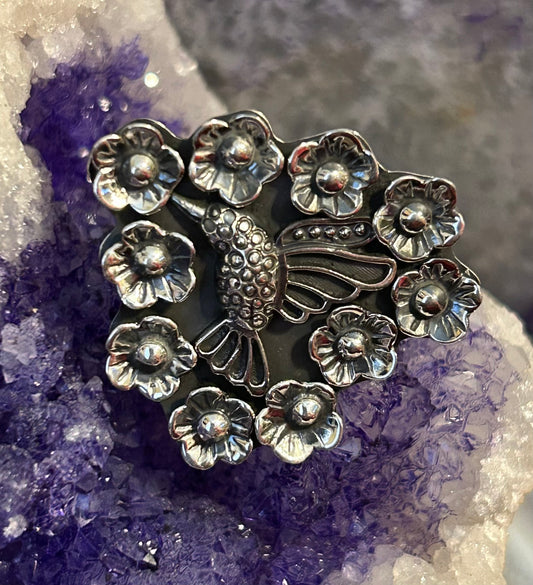 Taxco Mexico 950 Silver Hummingbird And Flowers Adjustable Ring