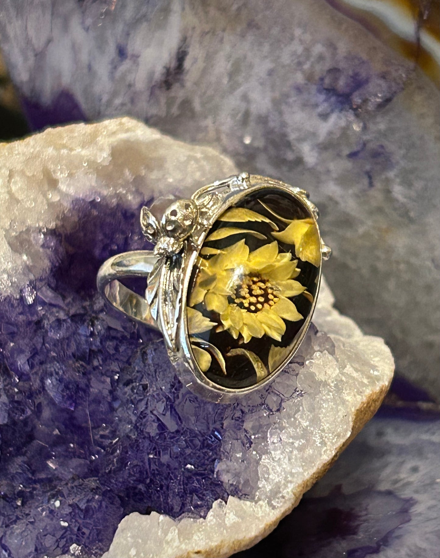 Sterling Silver Carved Amber Ring With Flowers & Amethyst Lady Bug • Adjustable