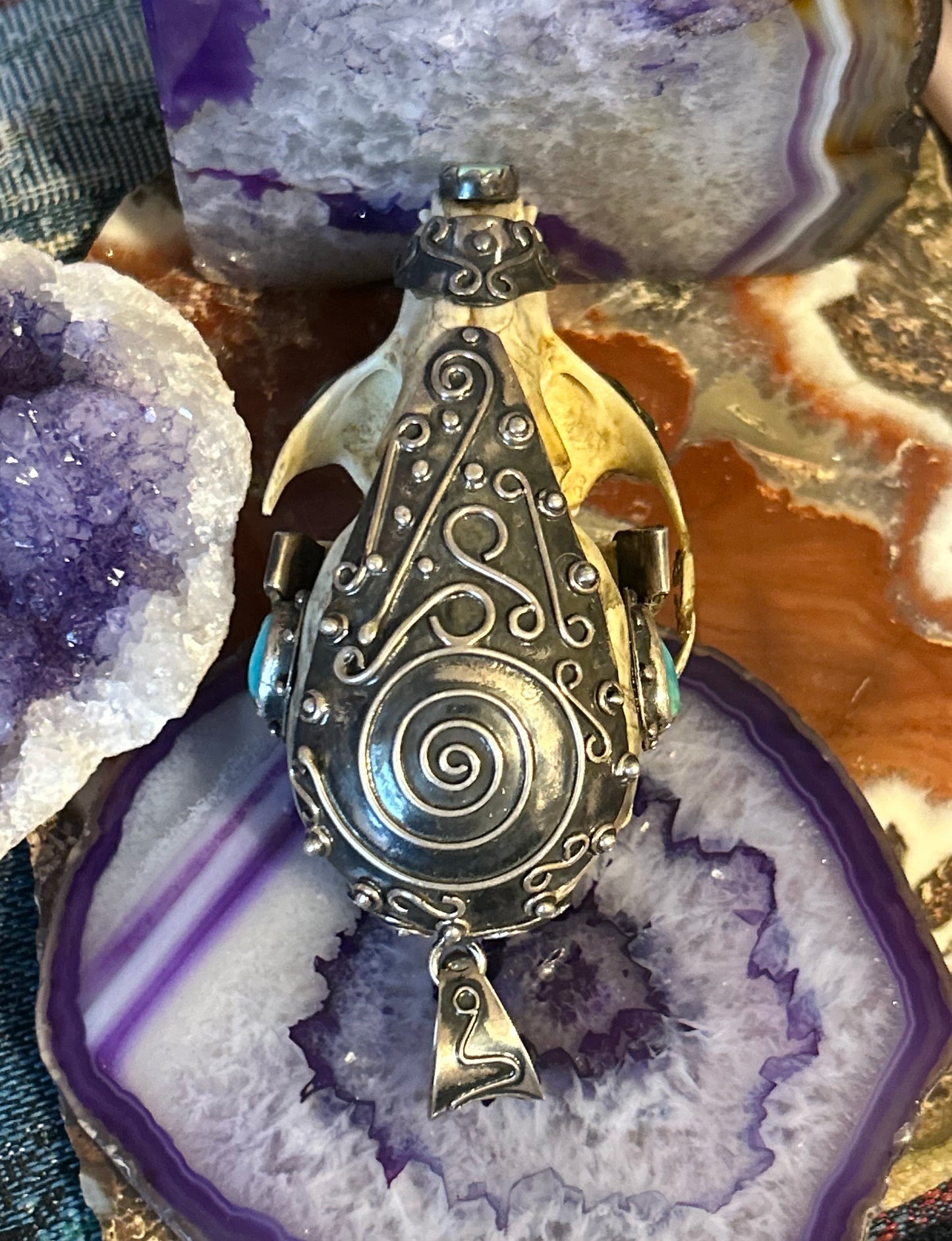 Sterling Silver & Turquoise Mexico Coati Skull Large Statement Pendant
