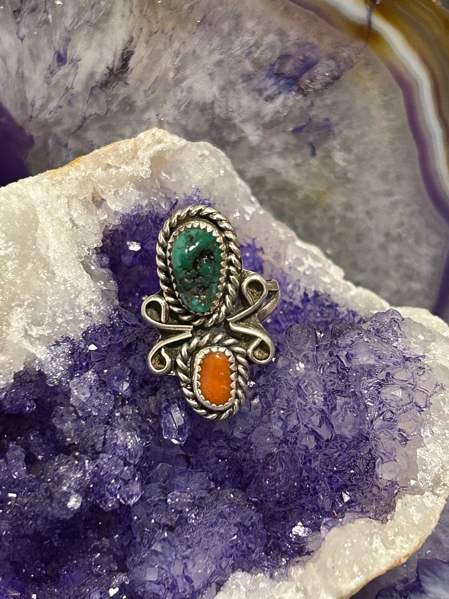 Sterling Silver Native Made Turquoise And Coral Ring Size 5