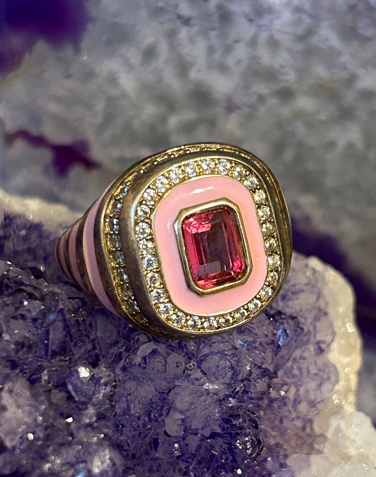 Sterling Silver Rarities by Carol Brodie Pink Enamel & Gemstones Ring • Size 9