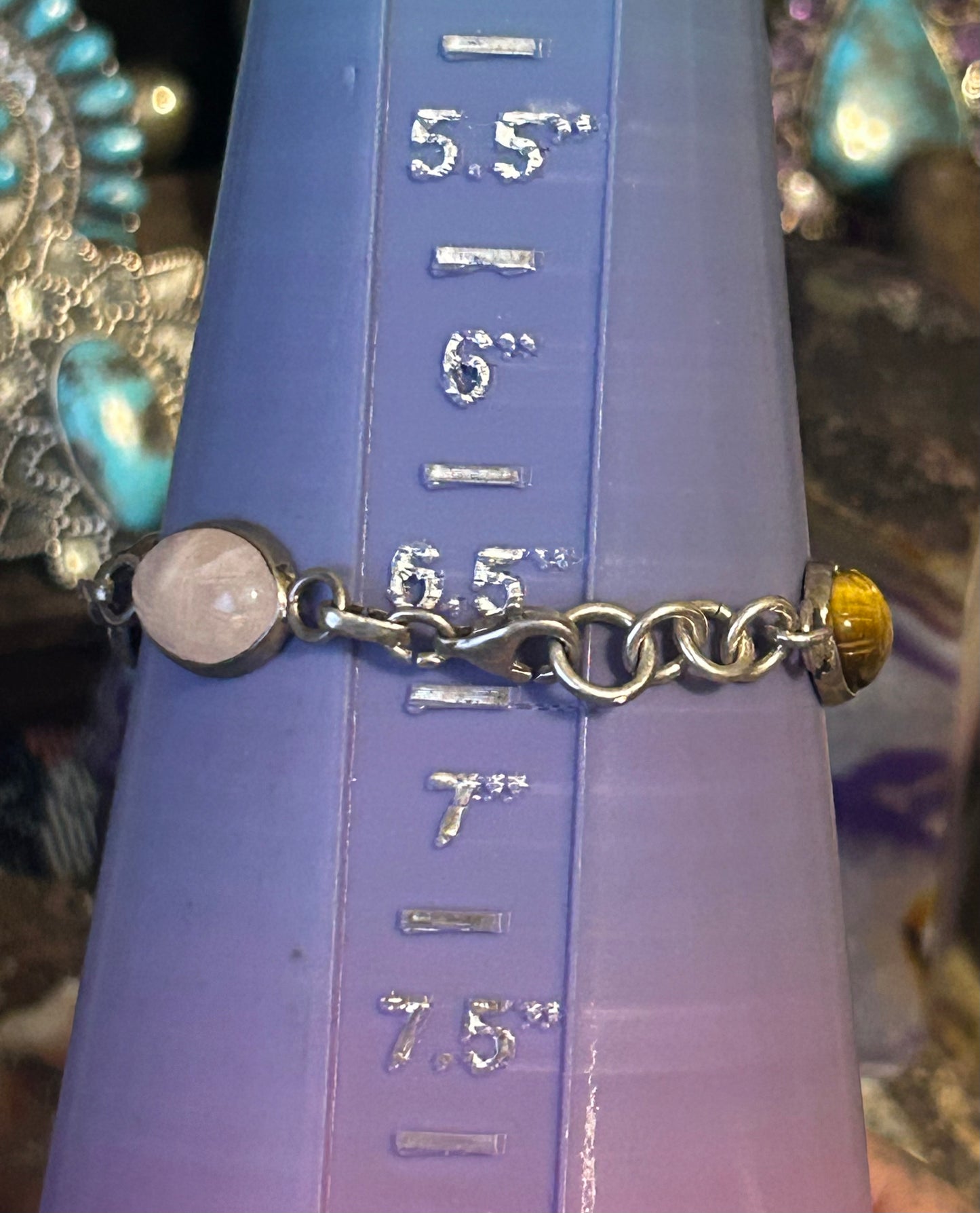 Vintage Sterling Silver Carved Scarab Beetle Stones Link Bracelet