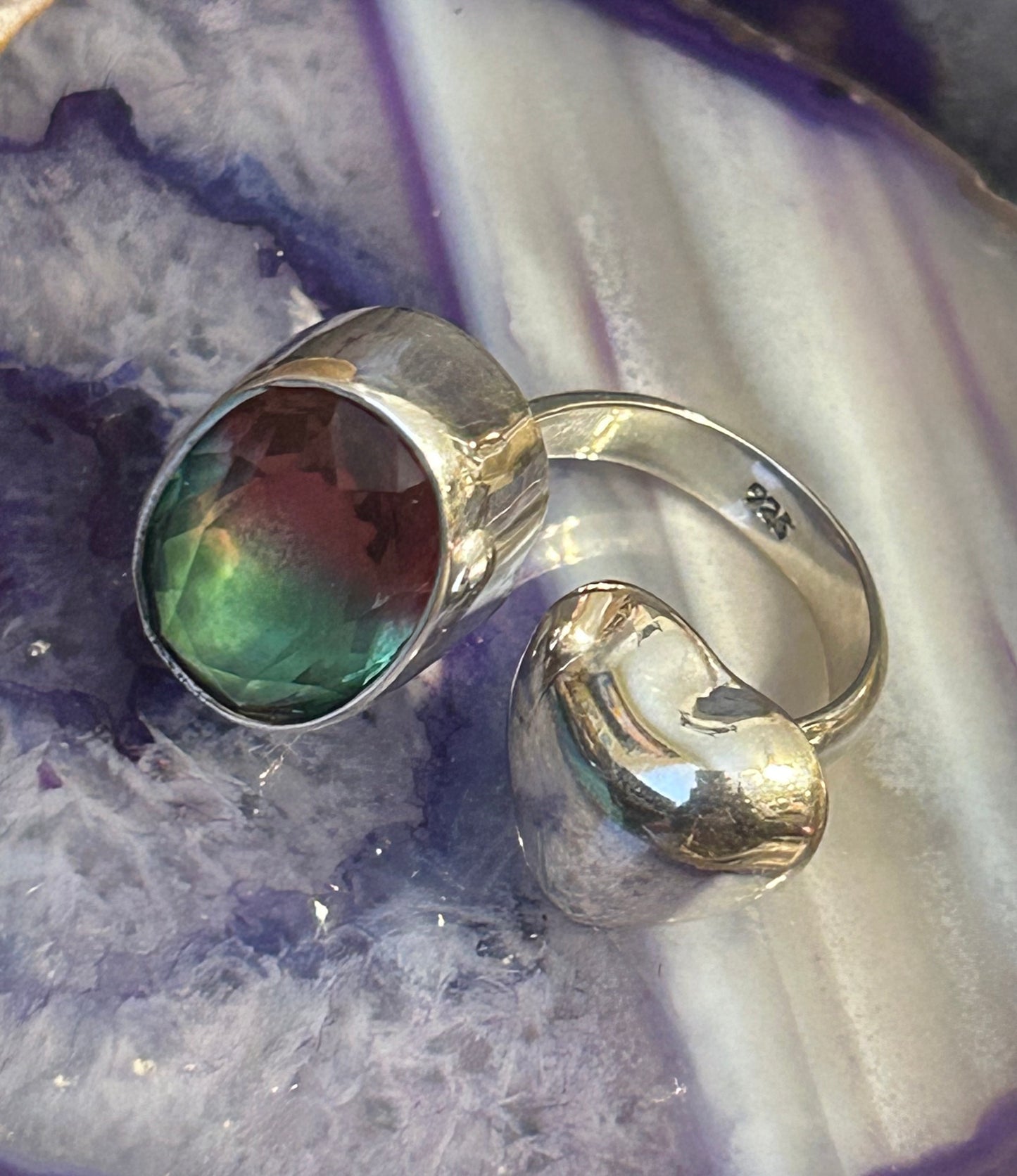 Sterling Silver Taxco Mexico Watermelon Tourmaline & Puffy Heart bypass Ring