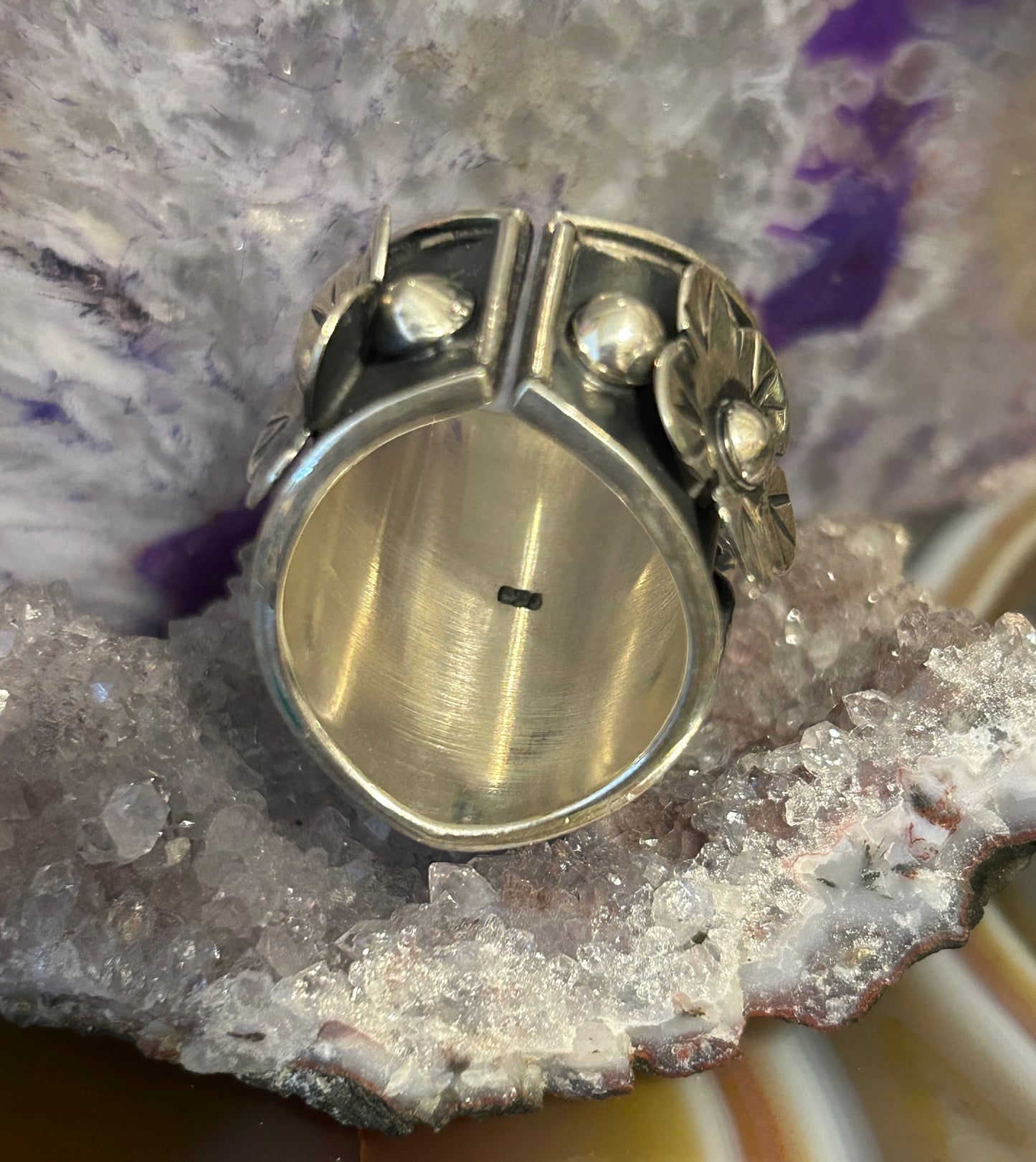 Sterling Silver Taxco Mexico Handmade Jaguar/Cheetah & Flowers Ring Adjustable