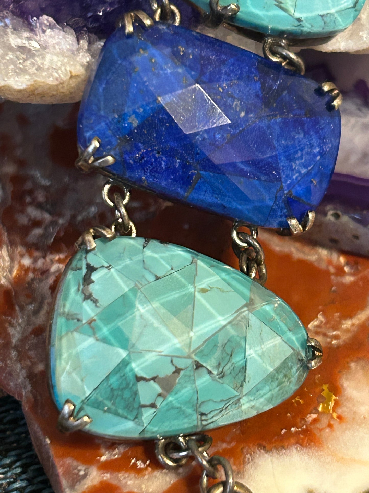 Vintage Whitney Kelly Sterling Silver Faceted Lapis & Turquoise Link Bracelet