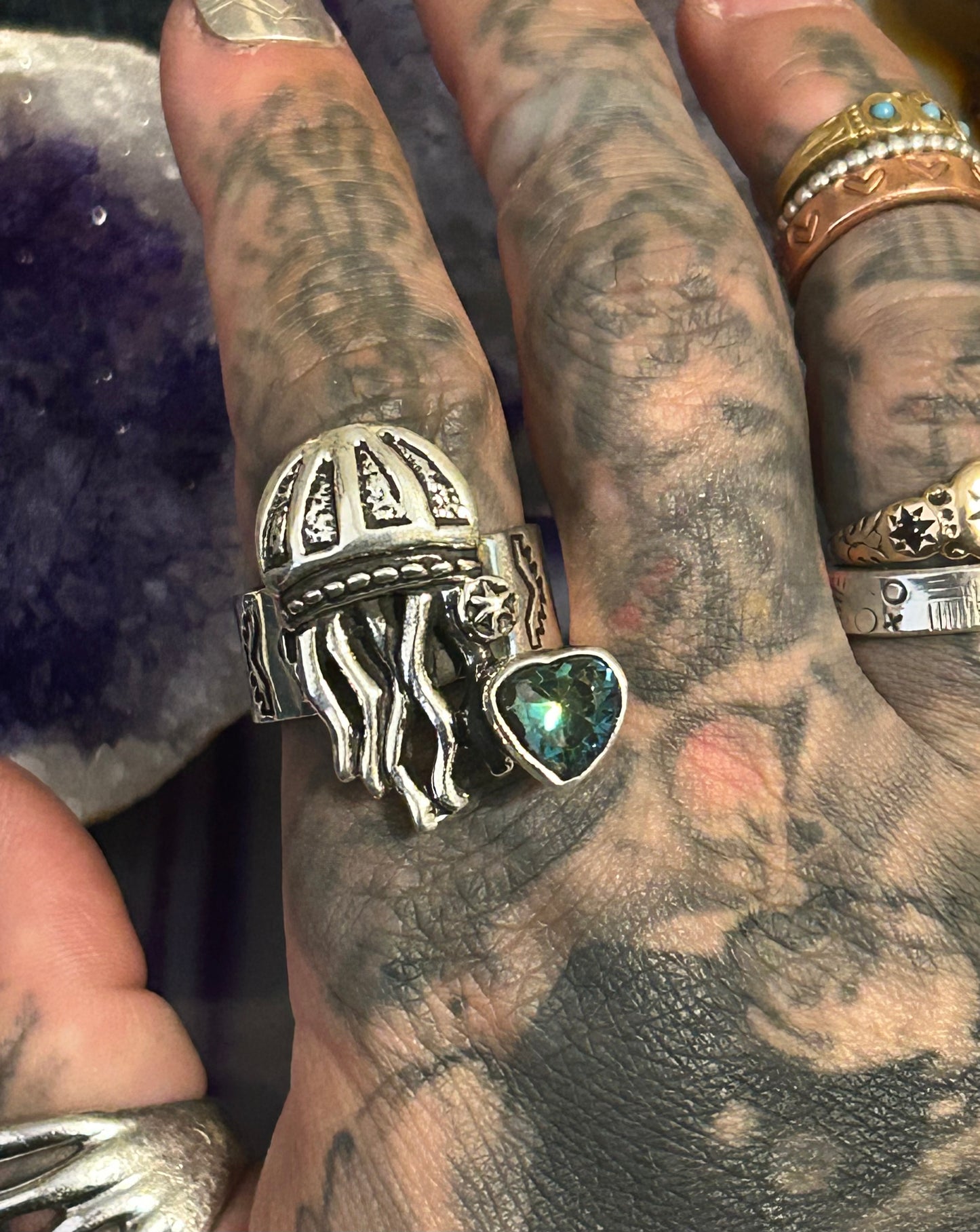 Sterling Silver Modern Taxco Mexico Jellyfish & Zircon Heart Ring Adjustable