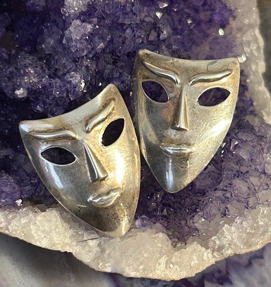 Vintage Sterling Silver Mask Face Earrings Push Back