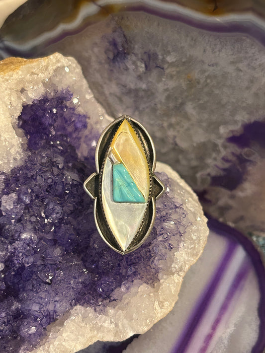 Vintage Sterling Silver Native American Turquoise & MOP Inlay Ring • Size 6.75