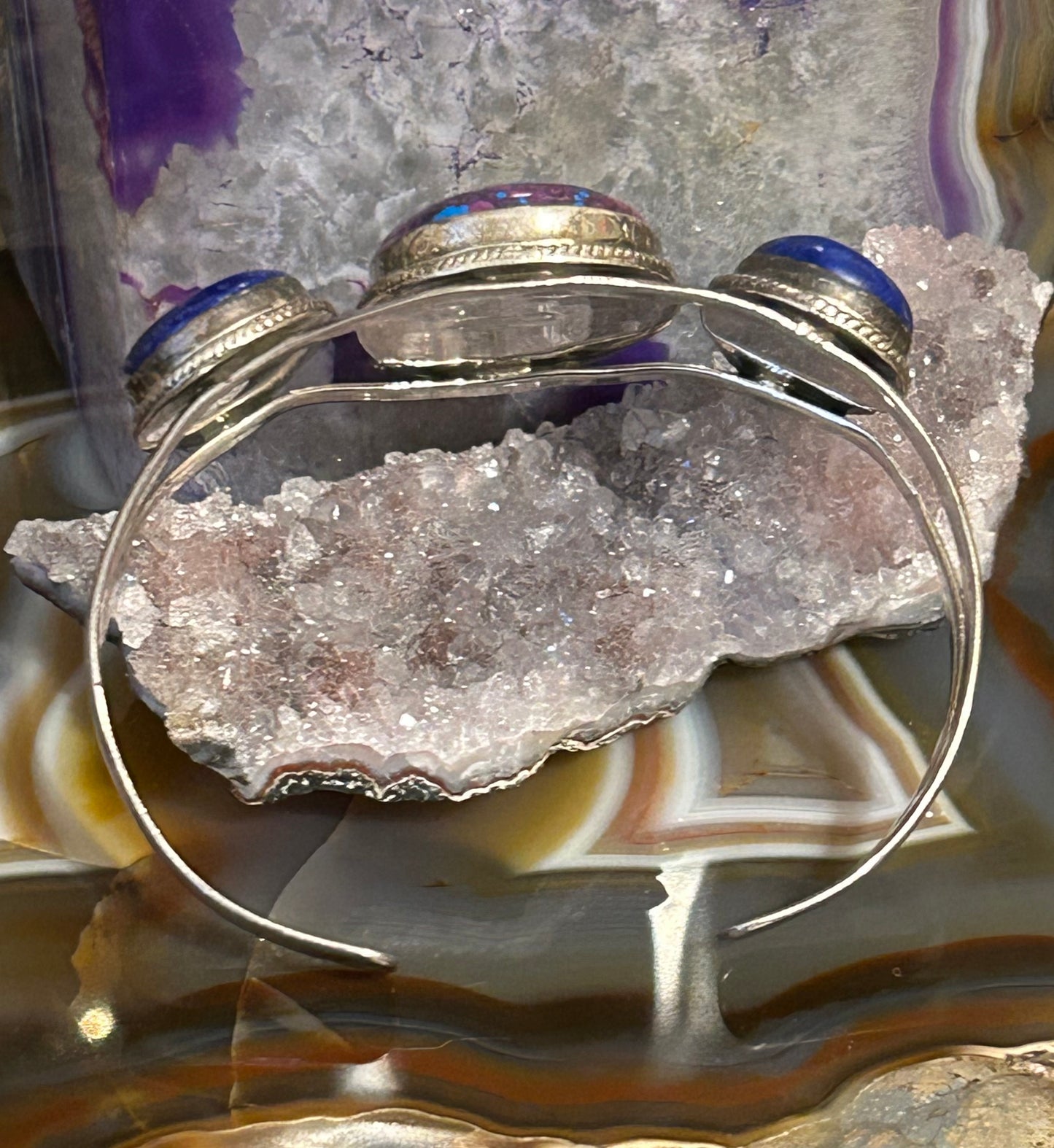 Sterling Silver Peaceful Face Blue Lapis And Mojave Cuff Bracelet