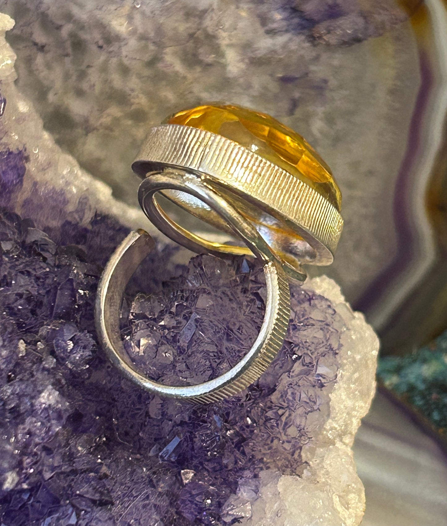 Sterling Silver Natural Citrine Faceted Amber Large Ring Adjustable