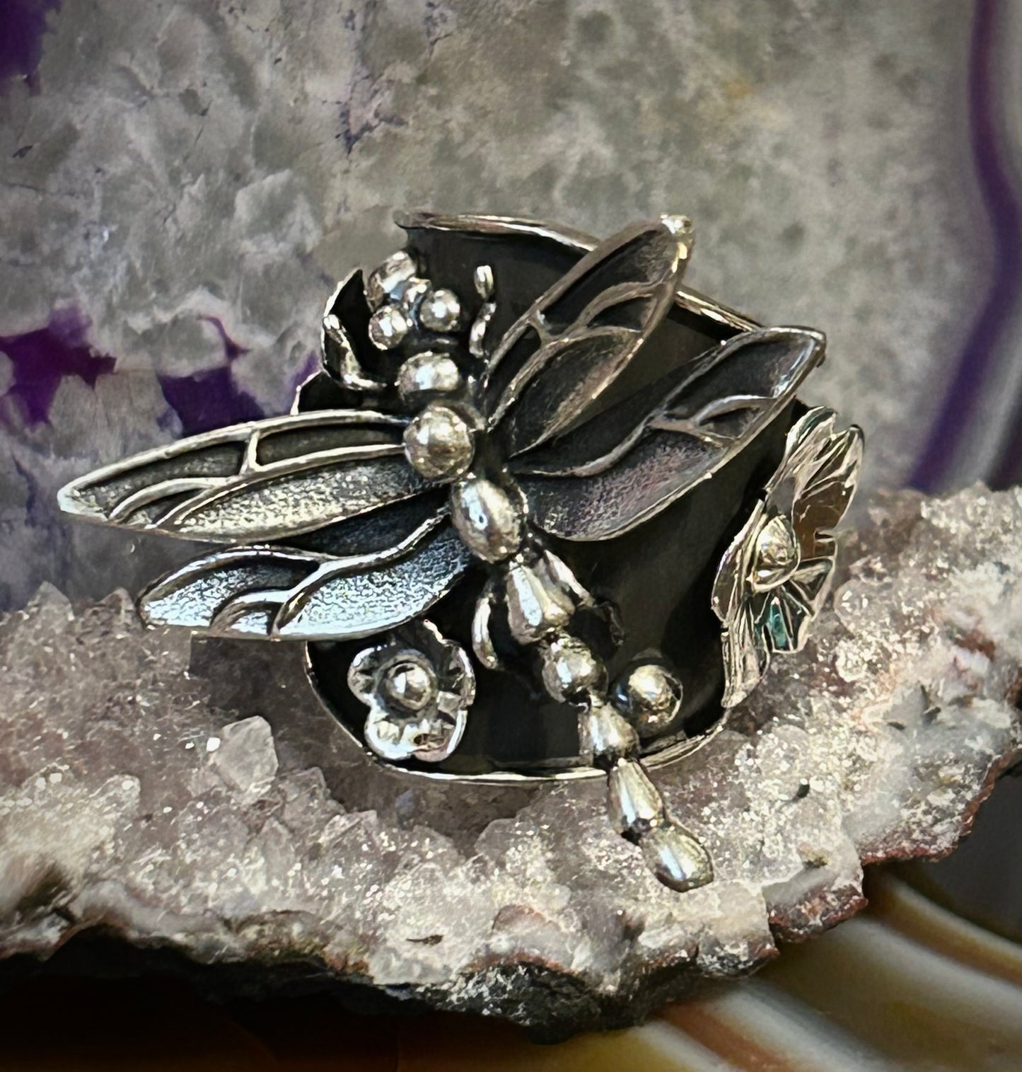 Sterling Silver Taxco Mexico Dragonfly And Flower Statement Ring