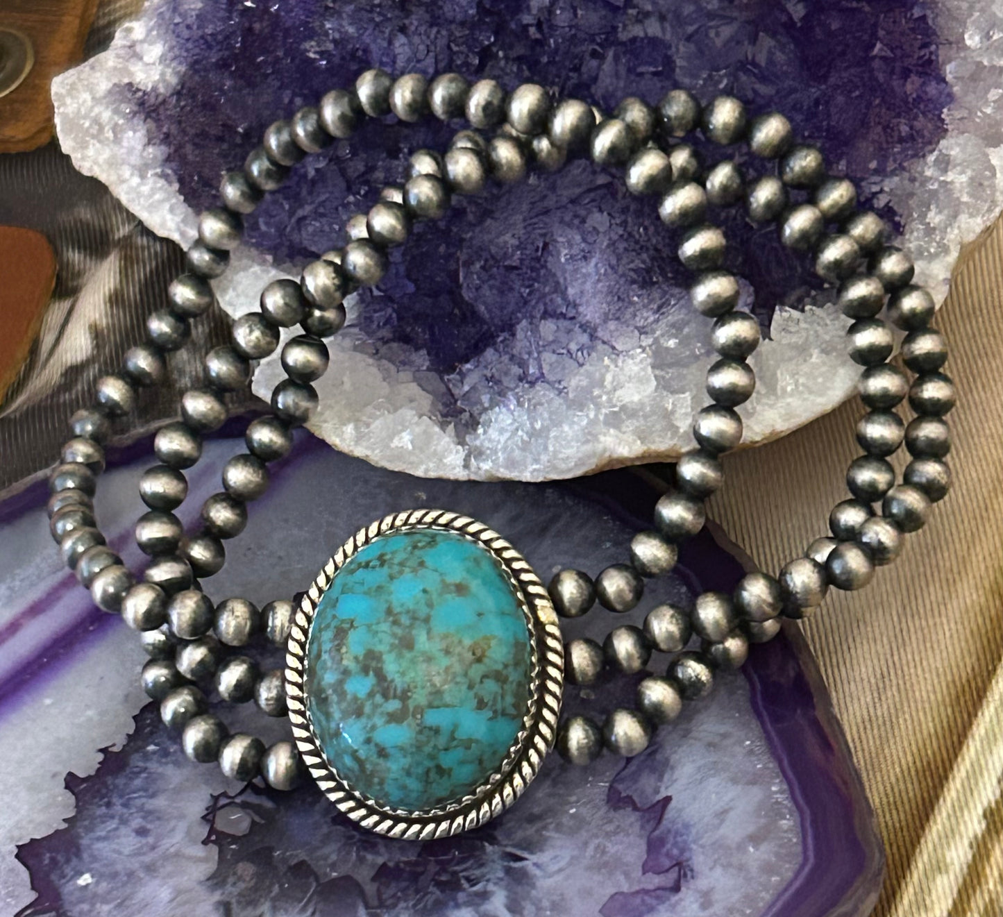 Sterling Silver Southwest Desert Bead Turquoise Stretch Bracelet
