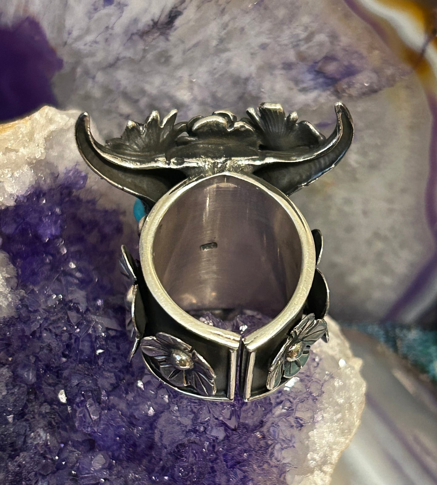 Sterling Silver Taxco Mexico Large Bull Skull W/ Flowers Statement Ring Sz 7-8.5