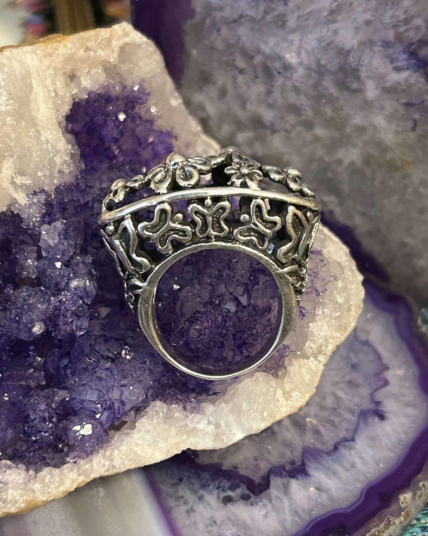 Sterling Silver Taxco Mexico Signet Style Flowers & Butterflies Ring • Size 9