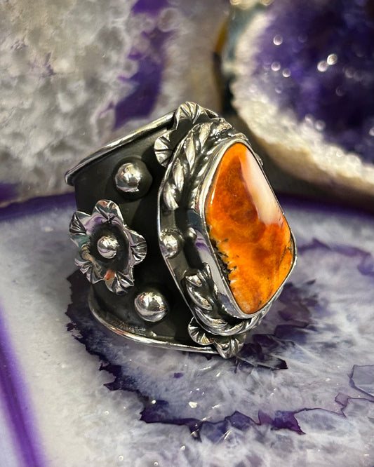 Sterling Silver Taxco Mexico Statement Spiny Oyster & Flower Wide Ring Sz 9-10.5