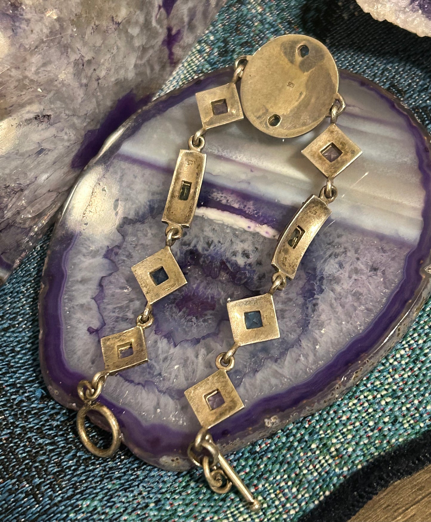 Vintage Sterling Silver 925 Goddess Moon Face Multi Gem Link Bracelet Sz 7.5