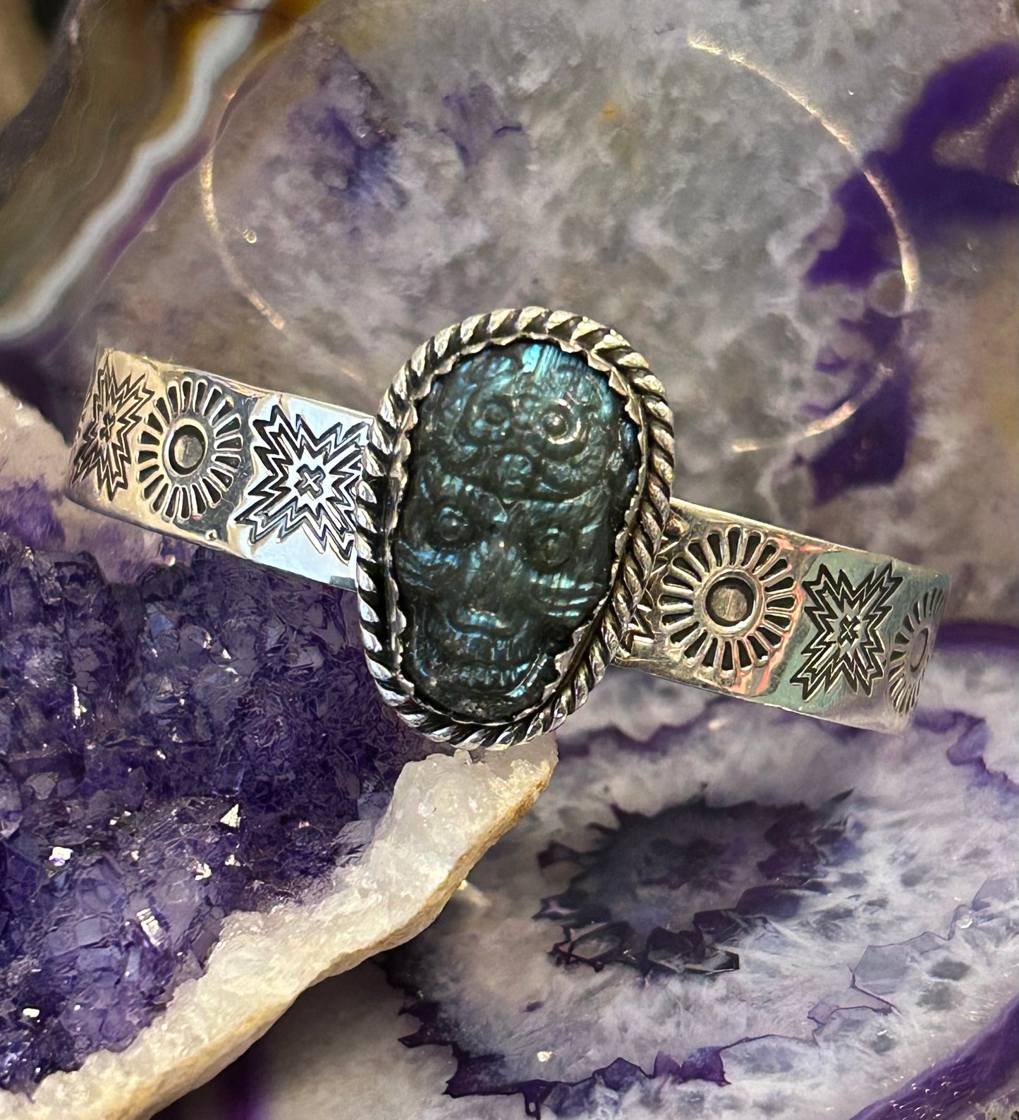 Sterling Silver Taxco Mexico Carved Skull Stone Cuff Handmade Stamped Bracelet