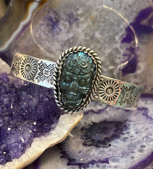 Sterling Silver Taxco Mexico Carved Skull Stone Cuff Handmade Stamped Bracelet