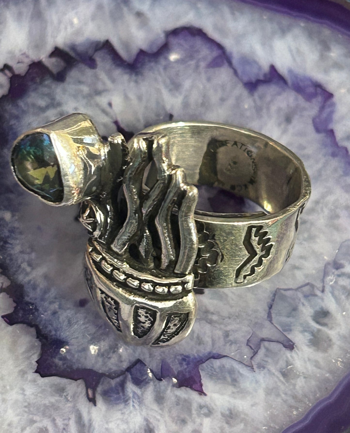 Sterling Silver Modern Taxco Mexico Jellyfish & Zircon Heart Ring Adjustable