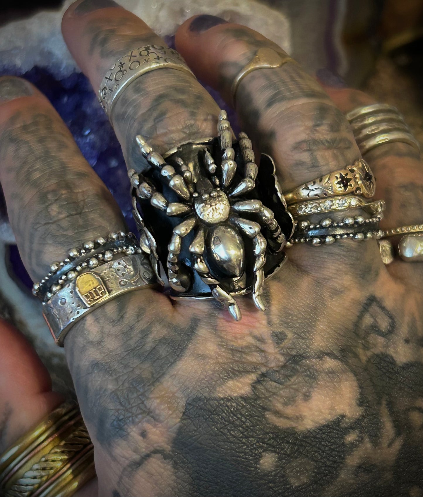 Taxco Mexico Sterling Silver Tarantula Spider & Flowers Statement Ring Size 7-9