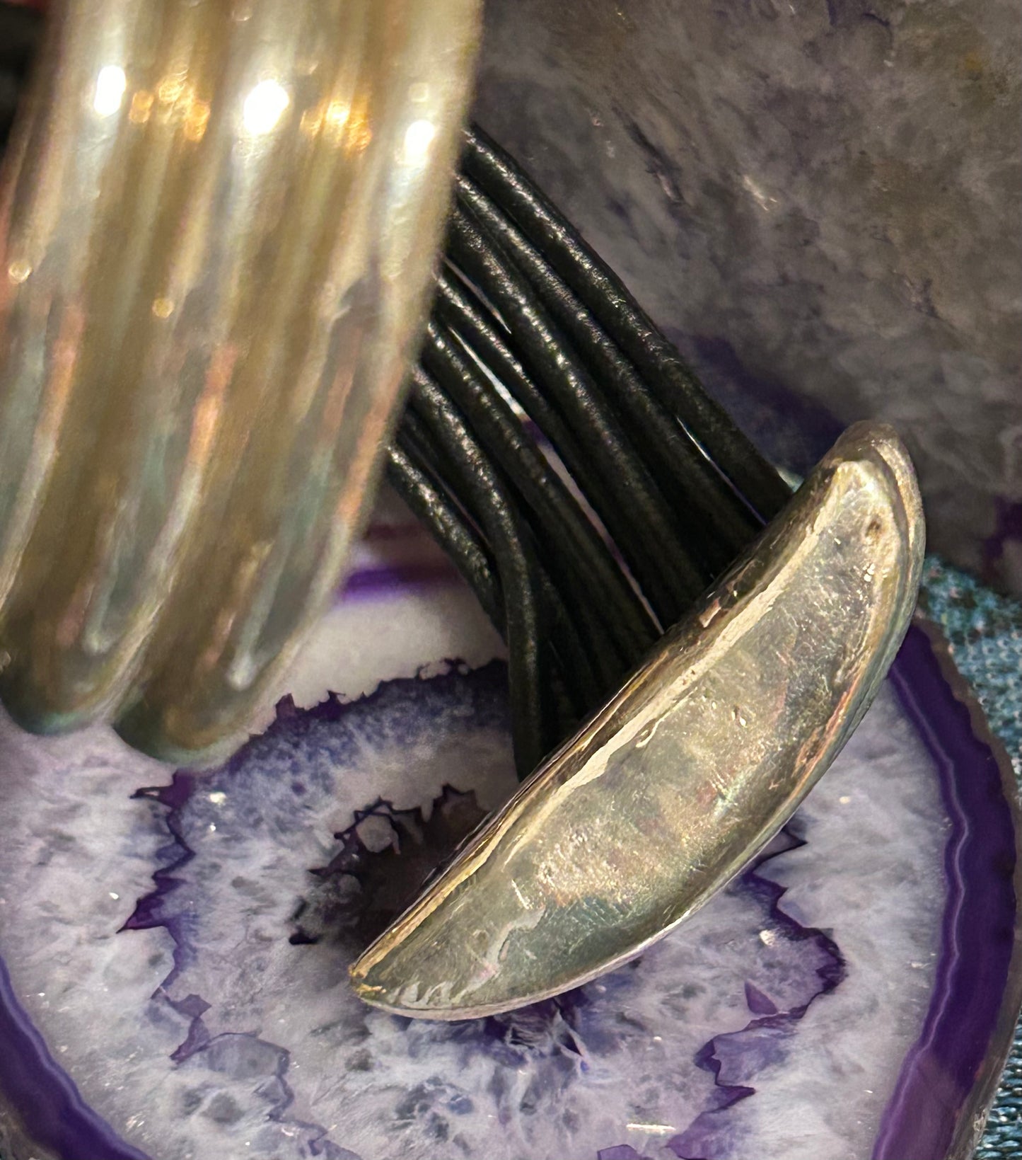 Vintage Chunky Electroformed Sterling Silver & Leather Modernist Bracelet