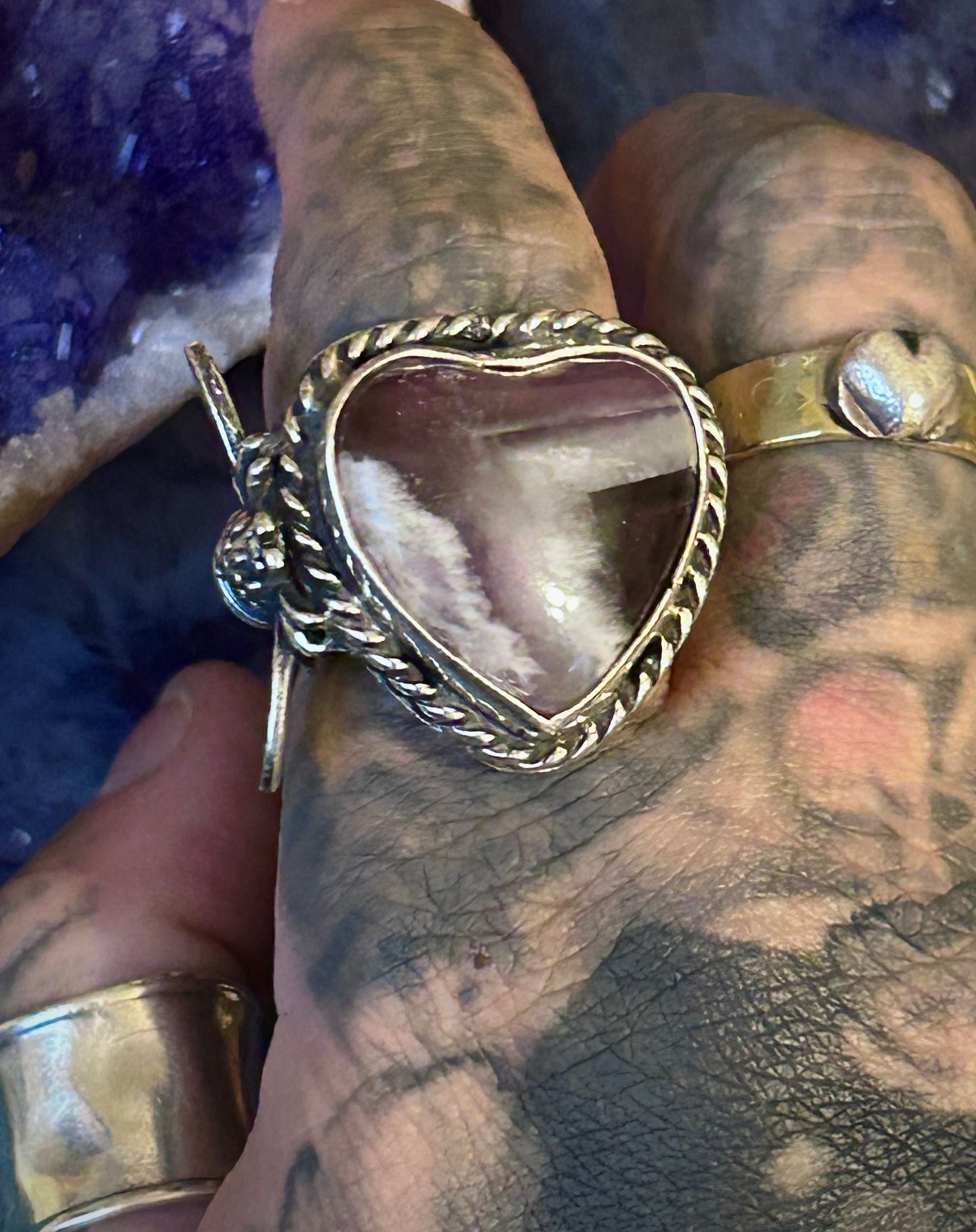 Sterling Silver Modern Taxco Mexico Chunky Chevron Amethyst Heart & Bee Ring