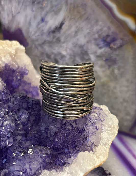 Sterling Silver Vintage Israel Wide Silver Brutalist Abstract Wide Ring Size 7
