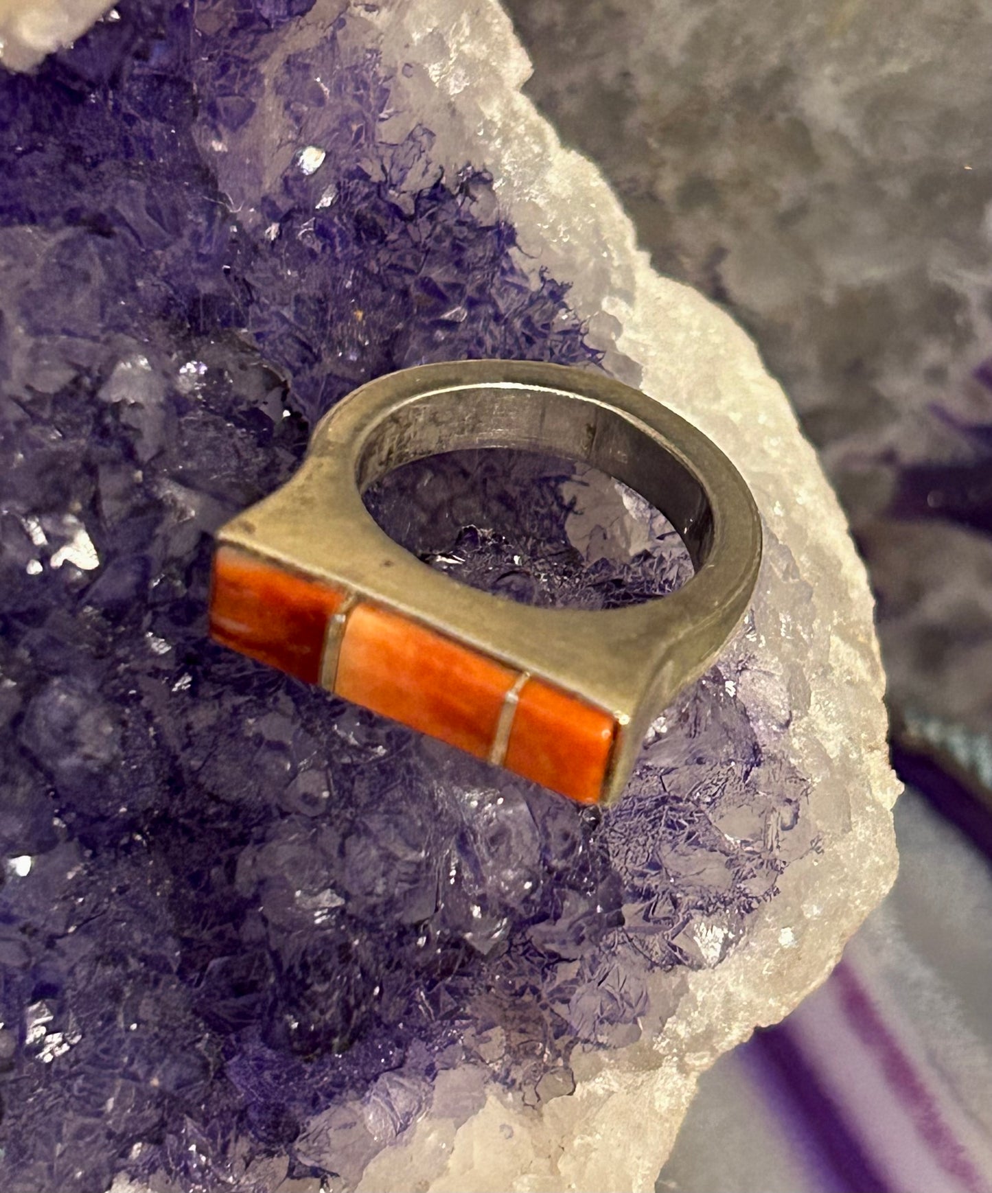 Sterling Silver Spiny Oyster Inlay Signet Shaped Native American Ring Size 4.25