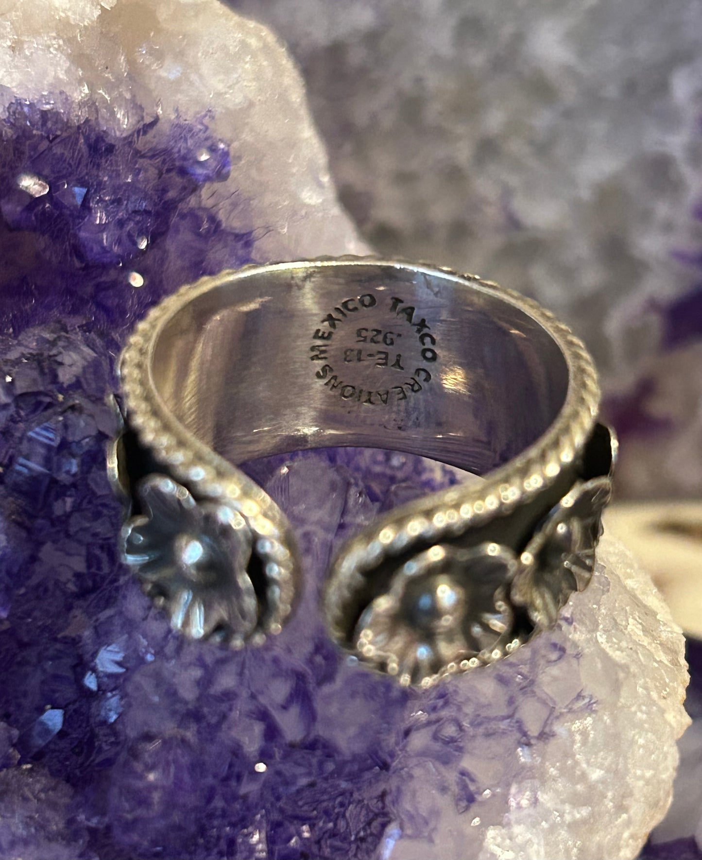 Sterling Silver Modern Taxco Flowers & Rope Band Ring Size 11-12.5
