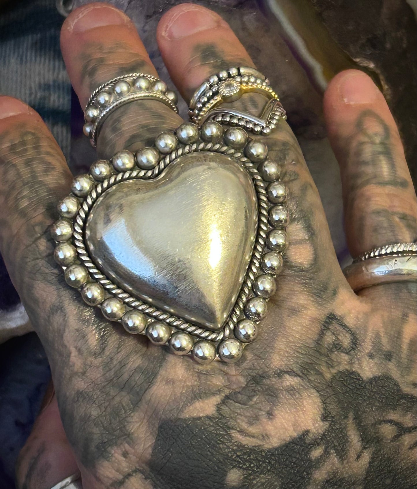 GuzFurbished Sterling Silver Large Statement Heart Adjustable Ring