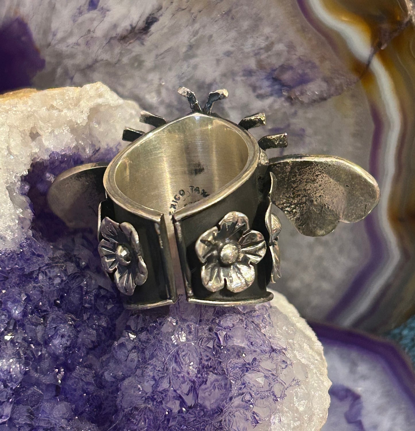 Sterling Silver Taxco Mexico Bee, Flowers & Turquoise Statement Ring Size 7-9