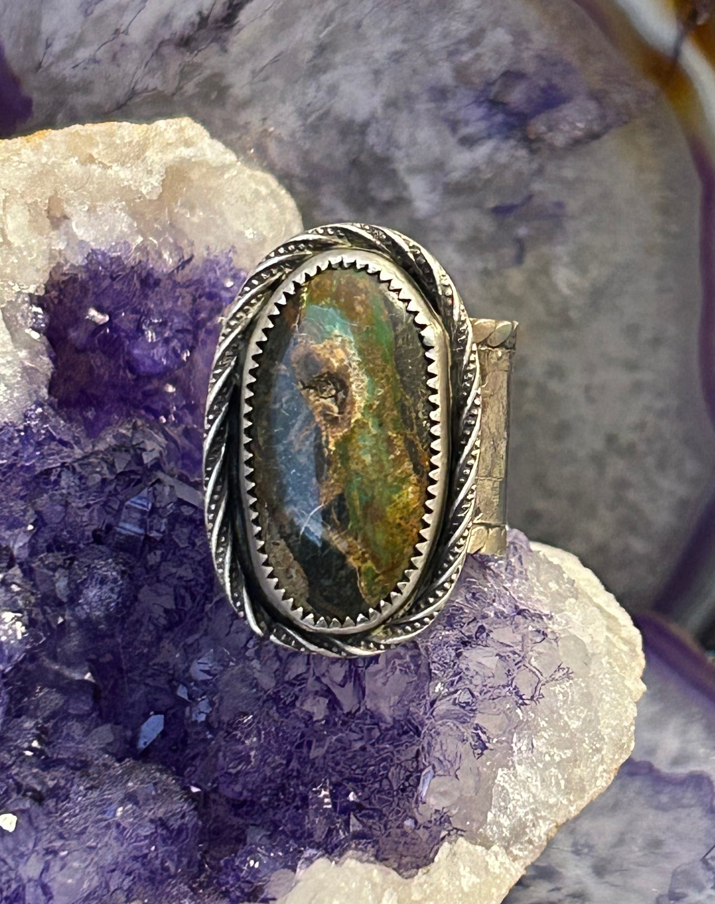 GUZ LOVE NO.103 • Sterling Silver & Blackjack Turquoise Wide Banded Ring • Size 7