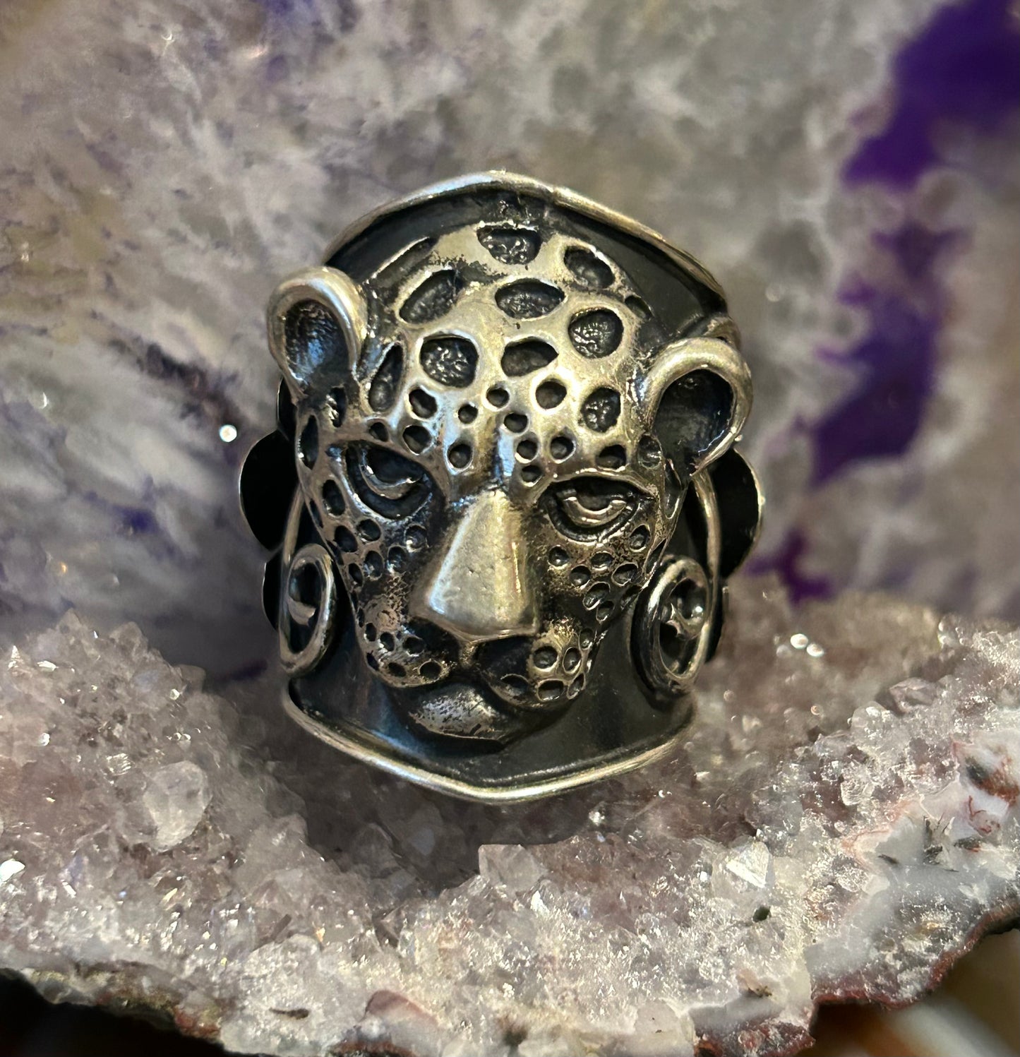 Sterling Silver Taxco Mexico Handmade Jaguar/Cheetah & Flowers Ring Adjustable