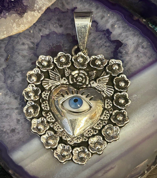 Sterling Silver Taxco Mexico Seeing Eye Heart W/ Rose And Birds Large Pendant