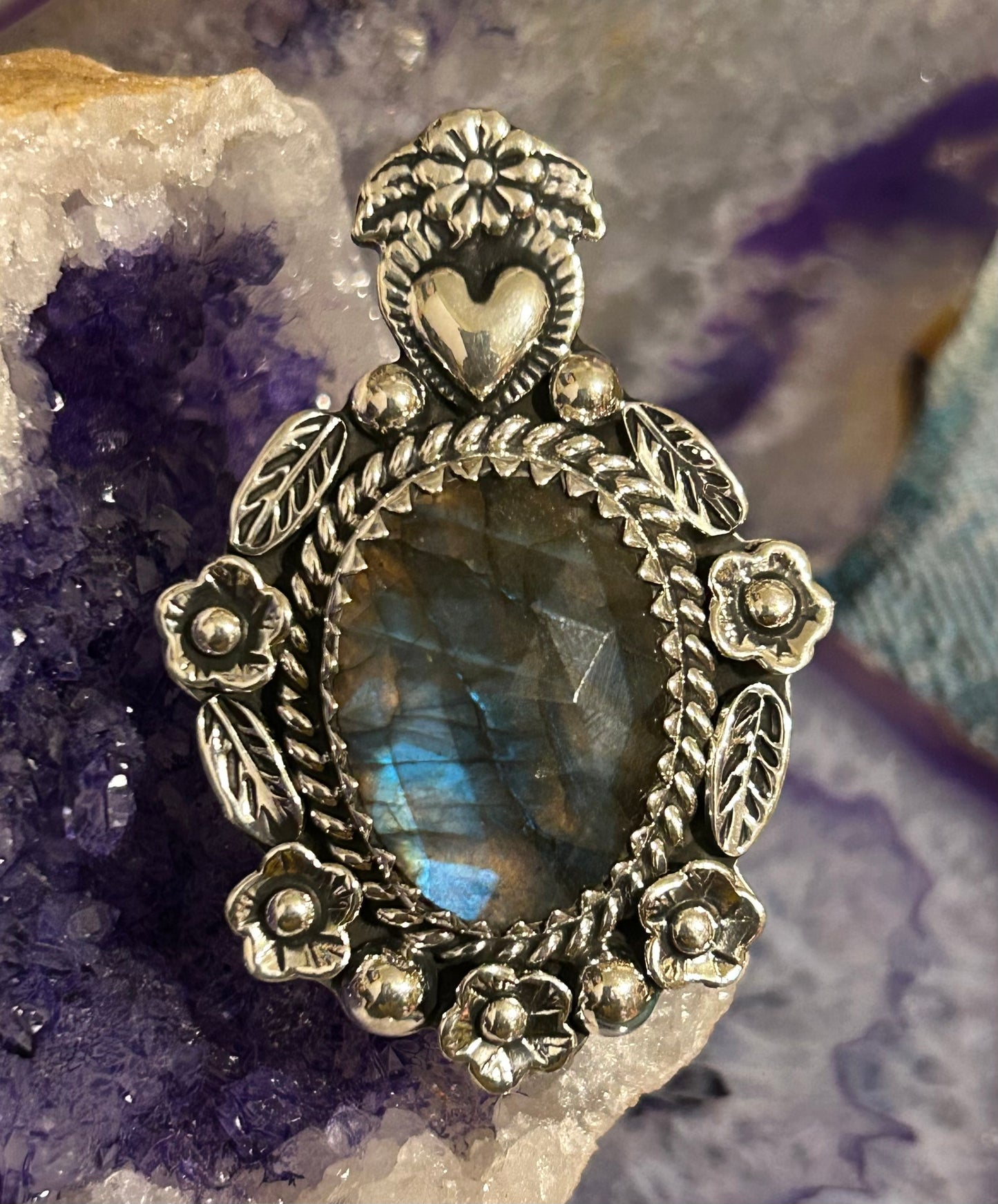 Sterling Silver Taxco Mexico Large Labradorite Flowers & Heart Statement Ring Adjustable