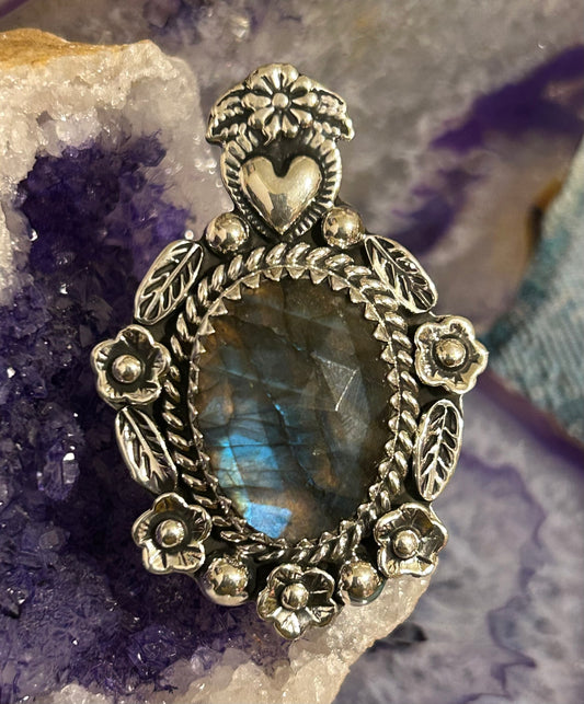 Sterling Silver Taxco Mexico Large Labradorite Flowers & Heart Statement Ring Adjustable
