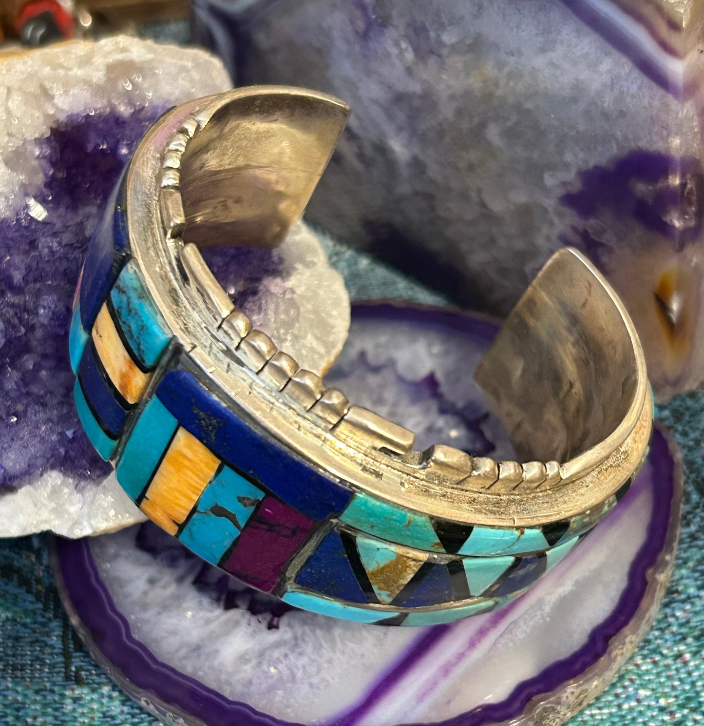 Sterling Silver Huge Multi-stone Inlay Statement Cuff Bracelet