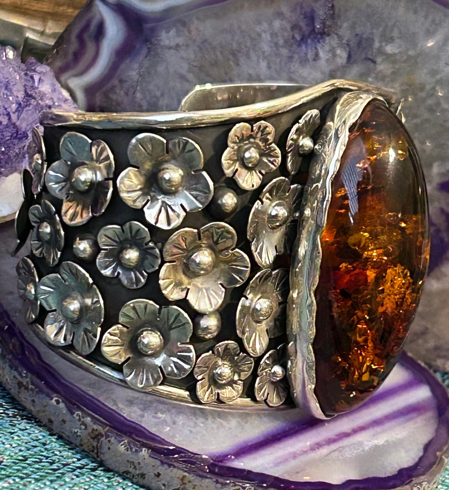 Sterling Silver Modern Taxco Mexico Statement Flowers & Baltic Amber Cuff Bracelet