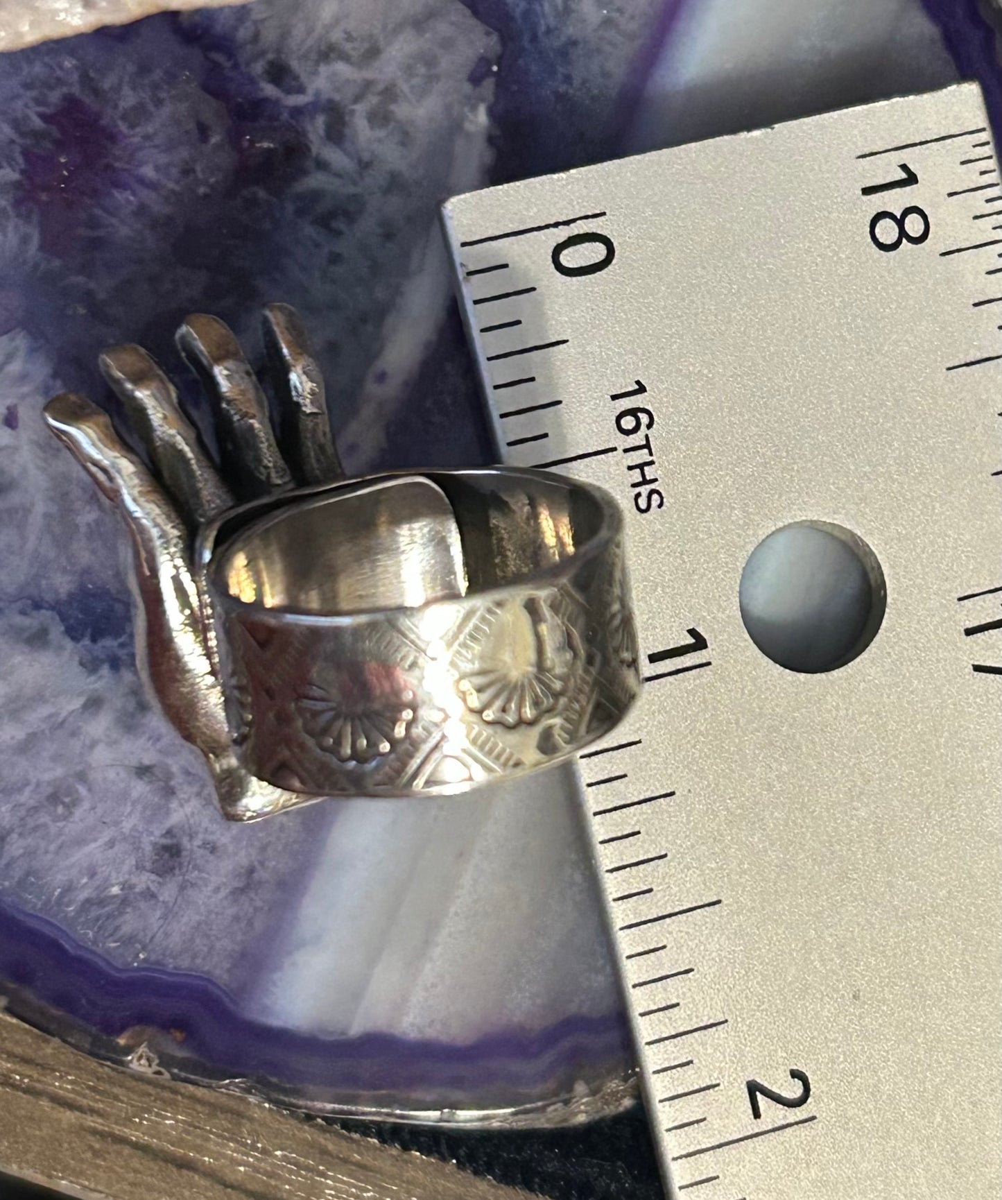 Sterling Silver Taxco Mexico Seeing Eye Protection Hand Oddities Ring Adjustable