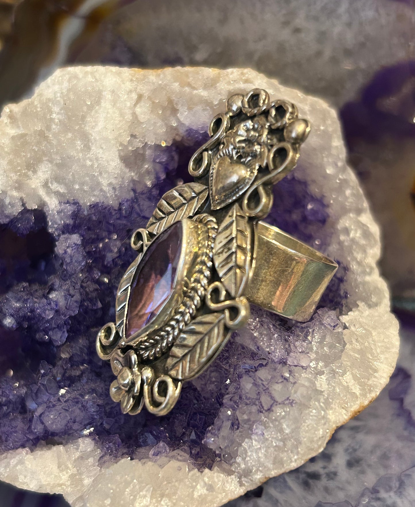 Sterling Silver Taxco Mexico Amethyst w/ Heart And Flower Adjustable Ring