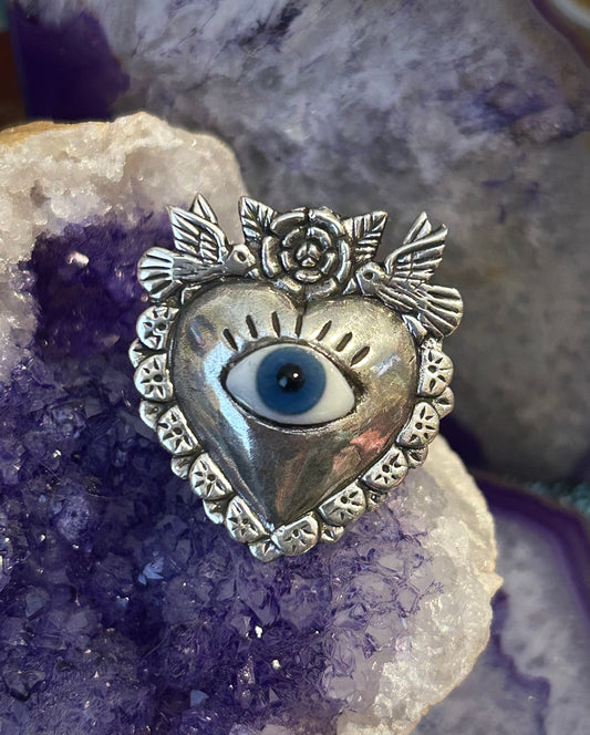 Sterling Silver Taxco Mexico Seeing Eye Heart W/ Rose And Birds Adjustable