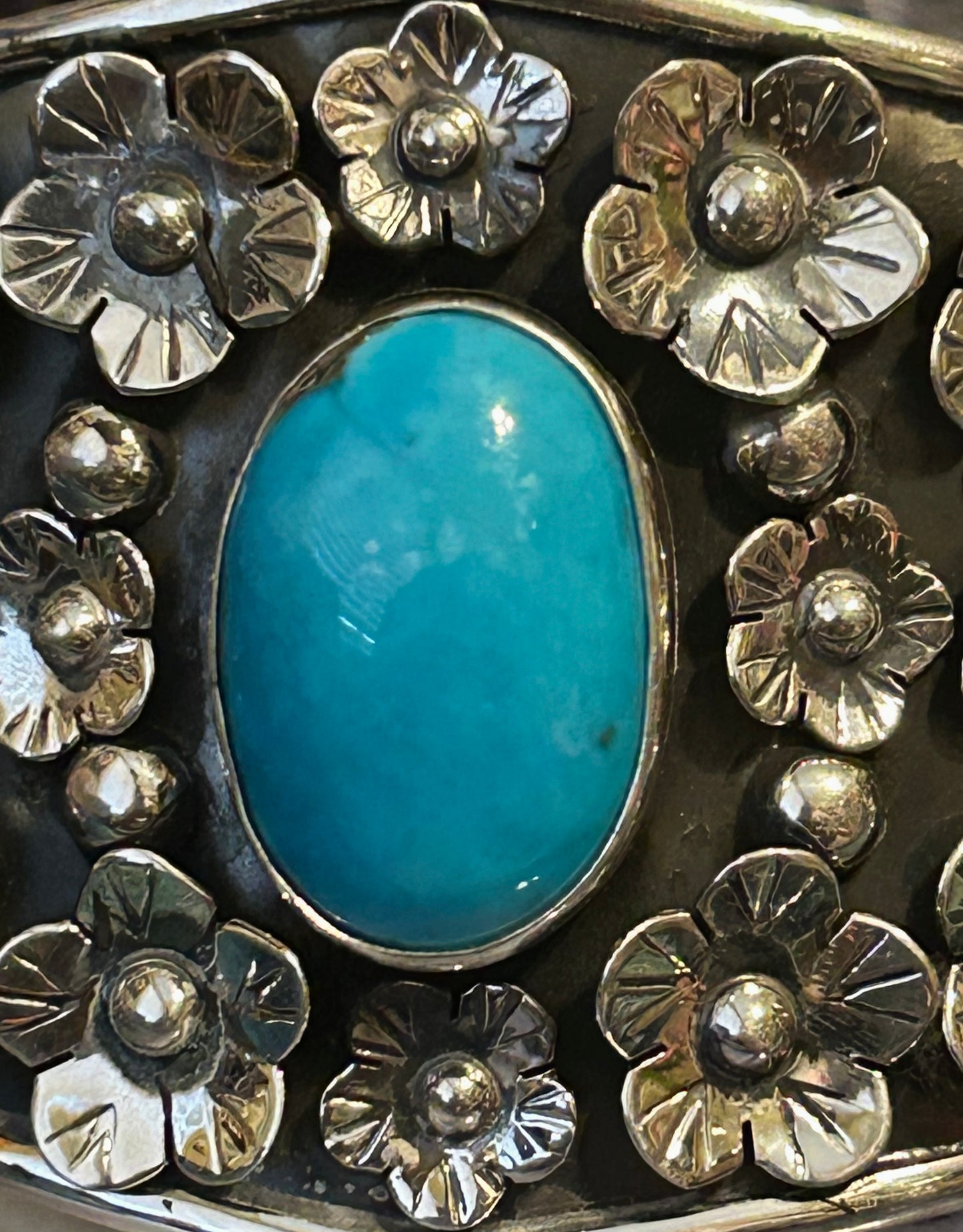 Sterling Silver Taxco Mexico Large Statement Flower Cuff W/ Natural Turquoise