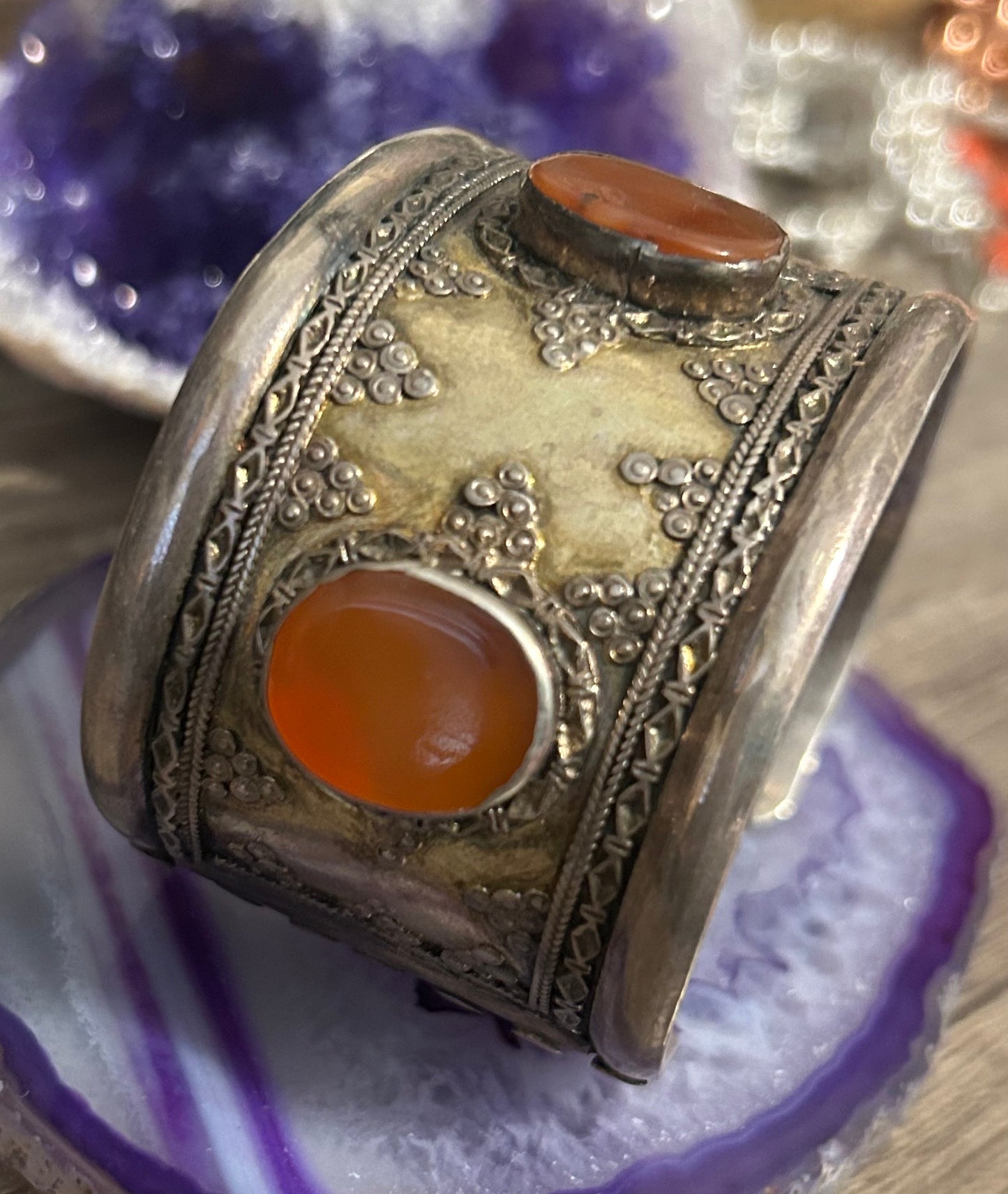 Antique Sterling Silver & Carnelian Turkish Cuff Bracelet