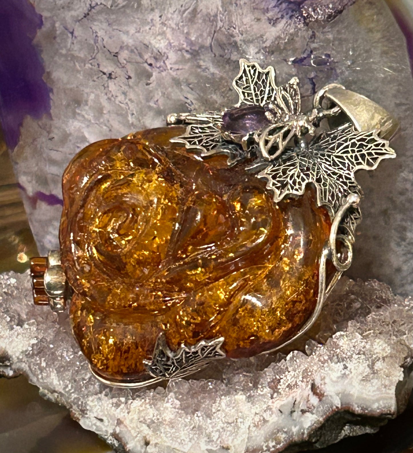 Sterling Silver & Baltic Amber Statement Large Handmade Rose Pendant