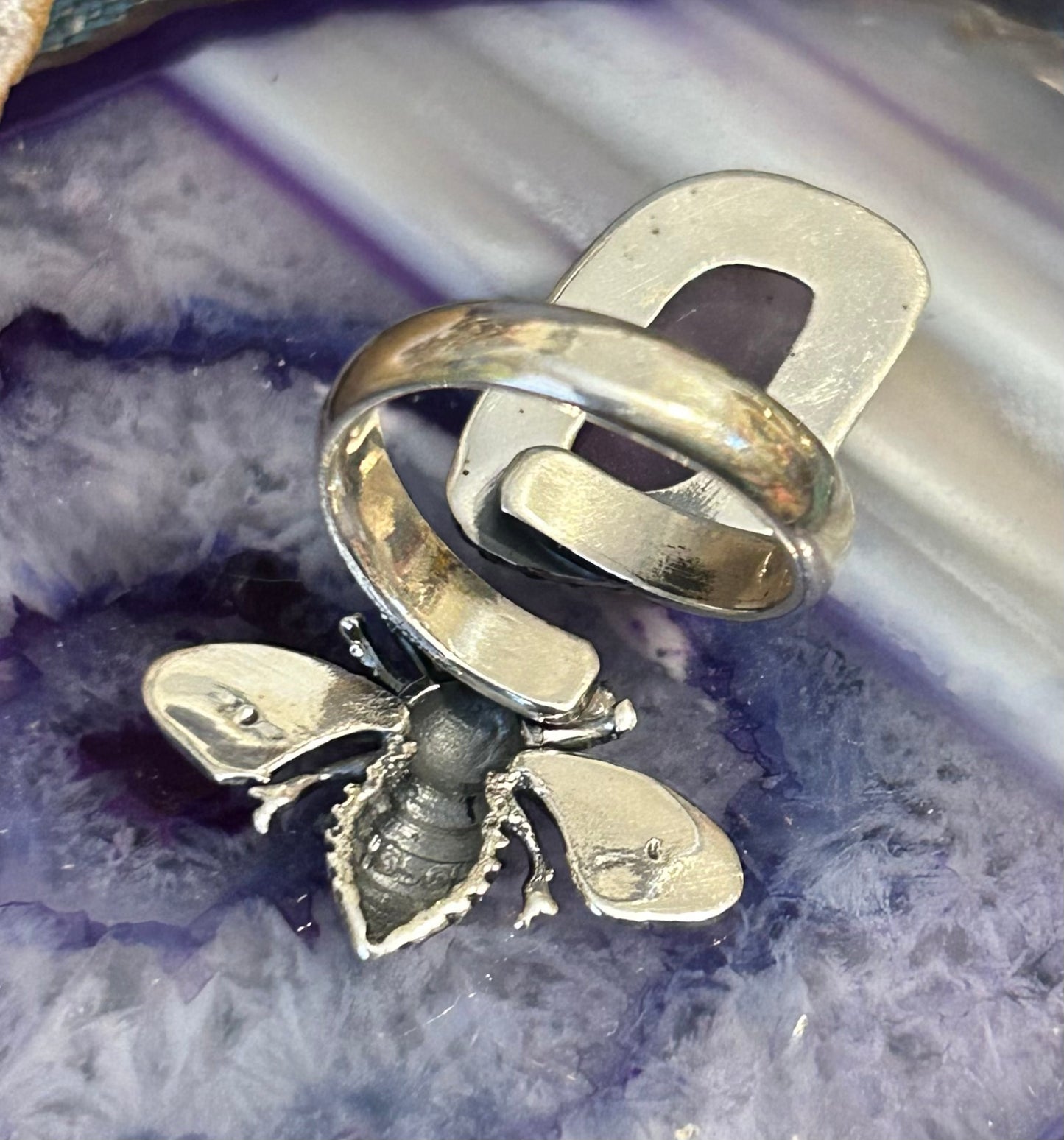 Sterling Silver Taxco Mexico Bee & Amethyst Bypass Ring