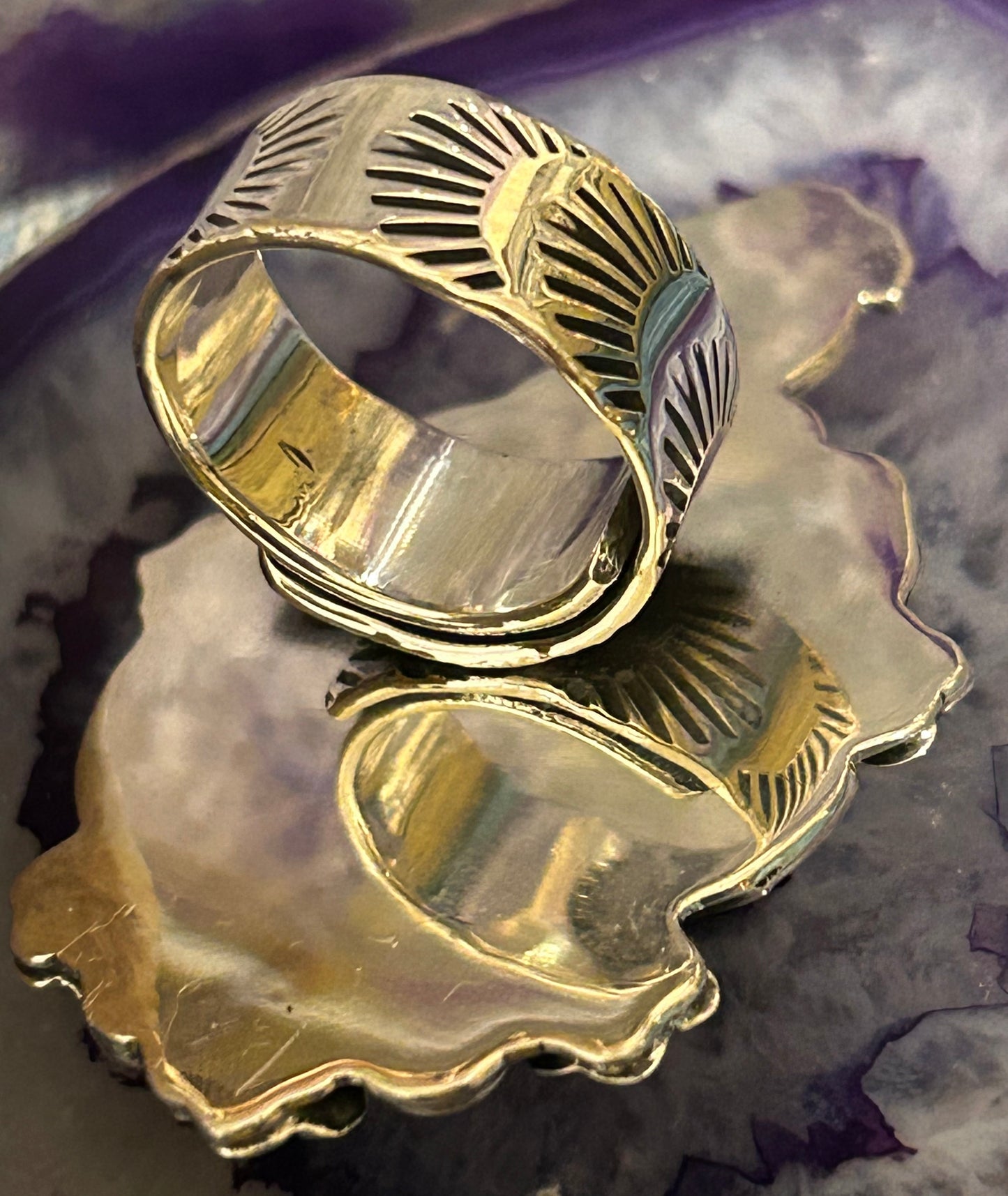 Sterling Silver Taxco Mexico Large Labradorite Flowers & Heart Statement Ring Adjustable