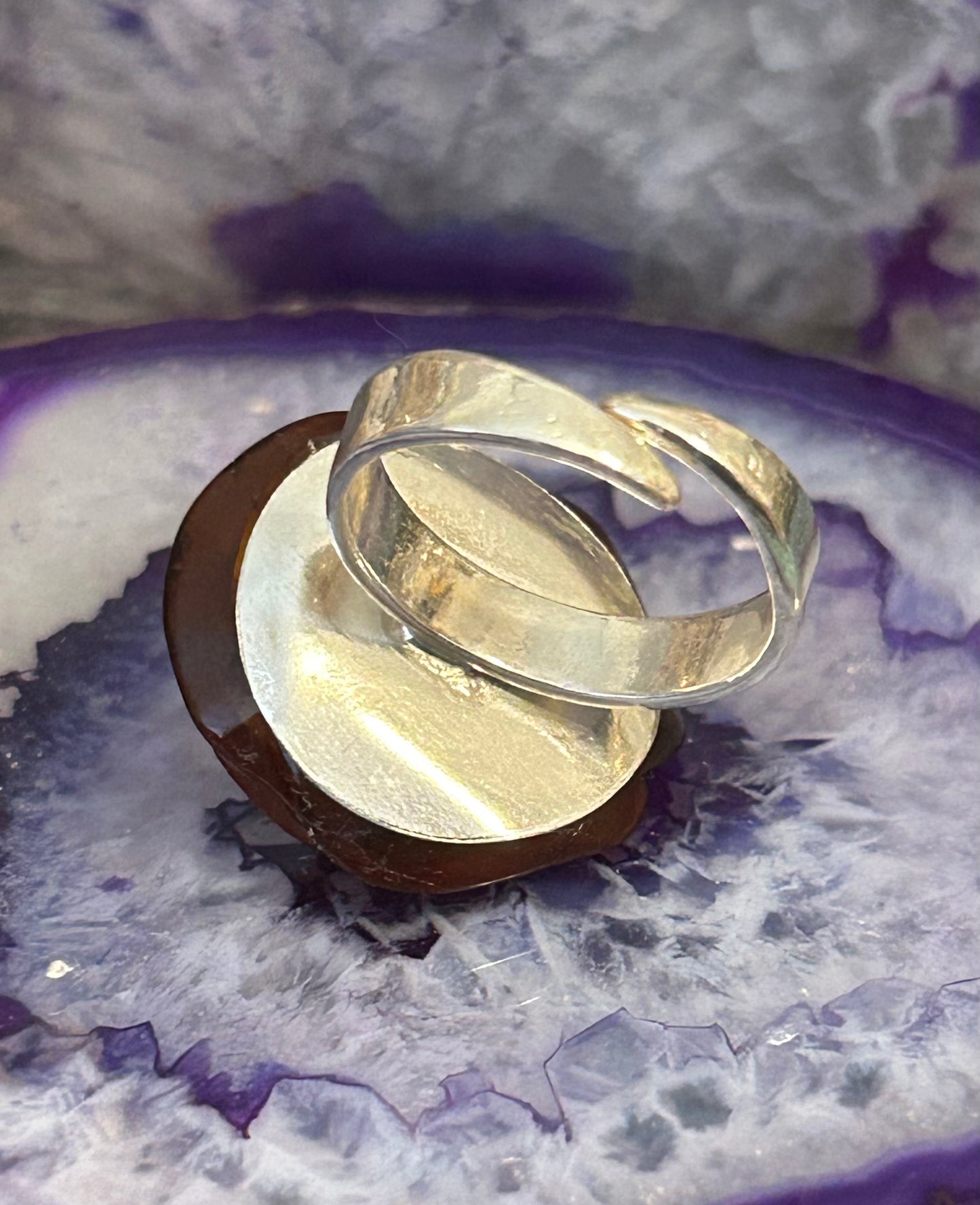 Sterling Silver Baltic Cognac Amber Carved Rose Adjustable Ring