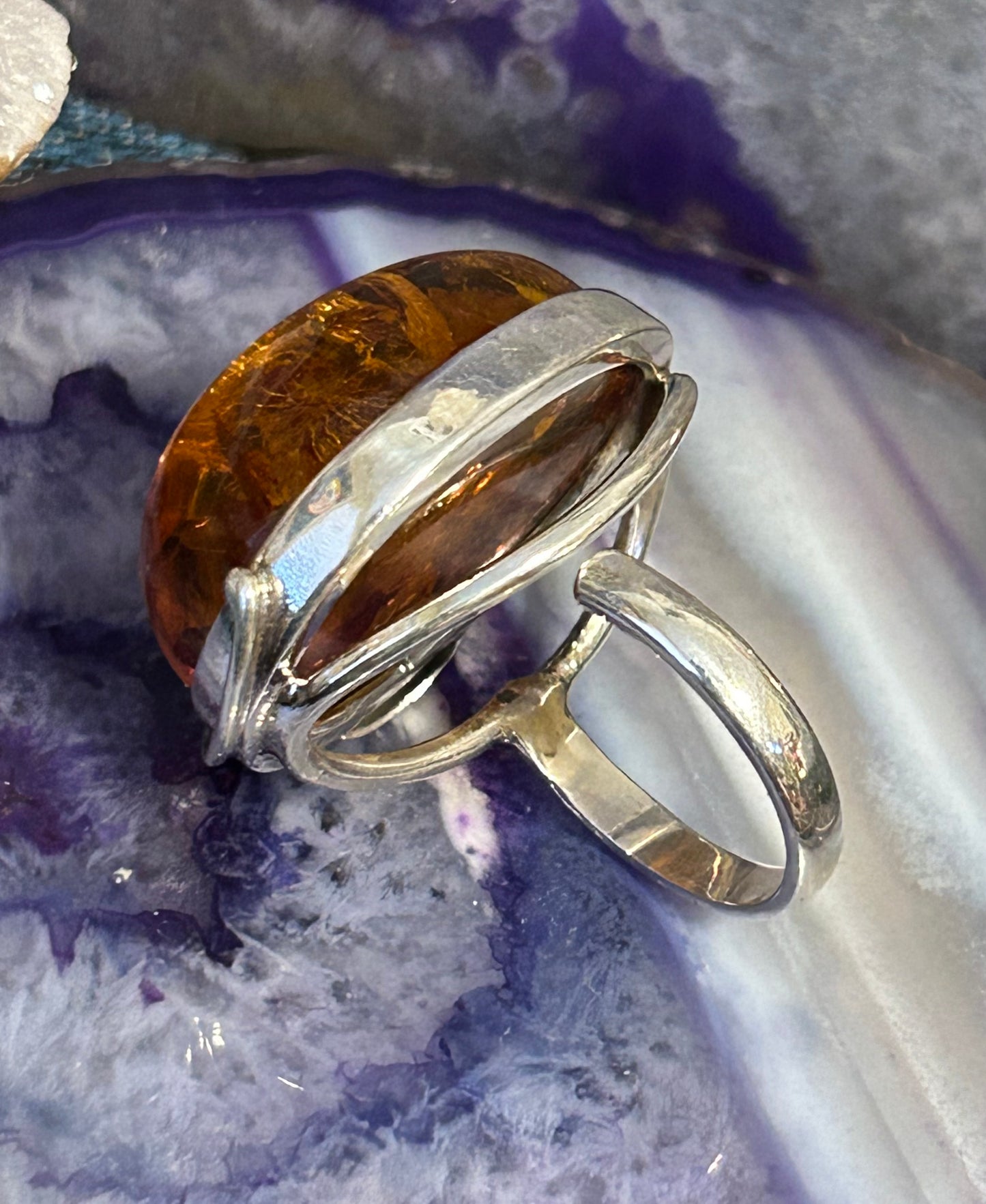 Sterling Silver w/ Large Natural Amber Stone & Turquoise Fly Ring Adjustable
