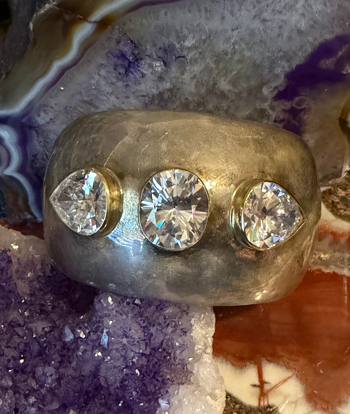 Vintage Sterling Silver Wide Modernist Cuff Bracelet W/ Clear CZ Stones