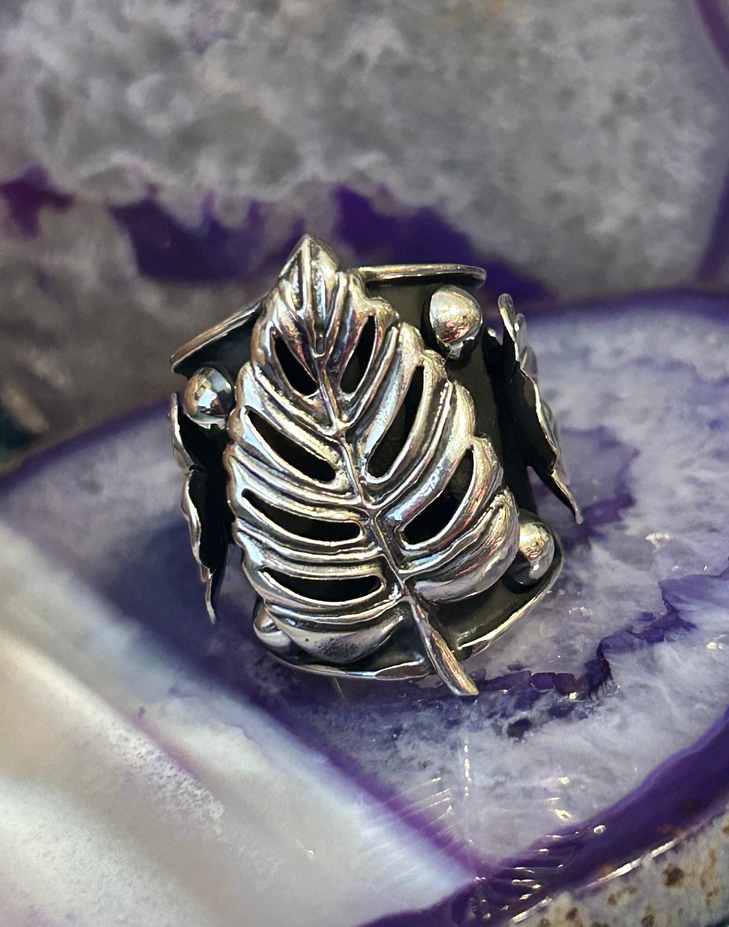 Taxco Mexico 950 Silver Monstera Leaf & Flowers Statement Ring Size 7-9